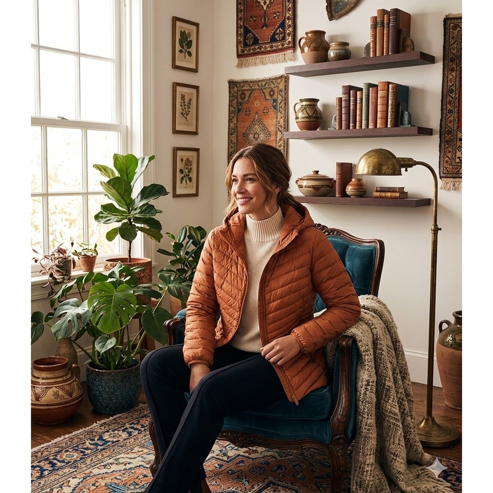 Lands End Womens Burnt Orange Hooded Puffer Jacket Down Insulated Size M 10-12